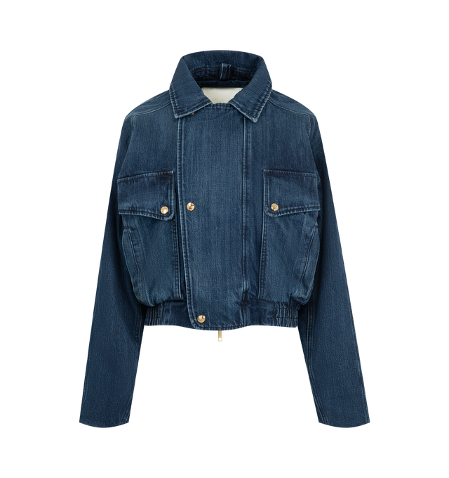 Image 1 of 4 - BLUE - Radh Women's The Ghillie Jacket is crafted from a regenerative cotton-blend denim fabric and features a structured jacket silhouette with a balance of utility and refined tailoring. Designed to layer comfortably over lightweight and heavier knits, this designer jacket offers a clean-lined shape with functional pockets and a textured finish that enhances its versatile appeal. Main Material: Regenerative Cotton Blend. 