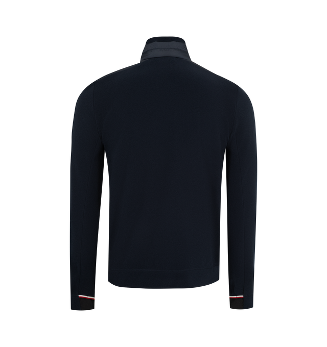 Image 2 of 3 - NAVY - MONCLER GRENOBLE Fleece Zip-Up Sweatshirt featuring stretch fleece, padded rainwear shoulder inserts and collar, nylon lining, double turtleneck, YKK AquaGuard water-repellent zipper and snap button closure, jersey wrist gaiters and tricolor detailing. 93% polyester, 7% elastane/spandex. 