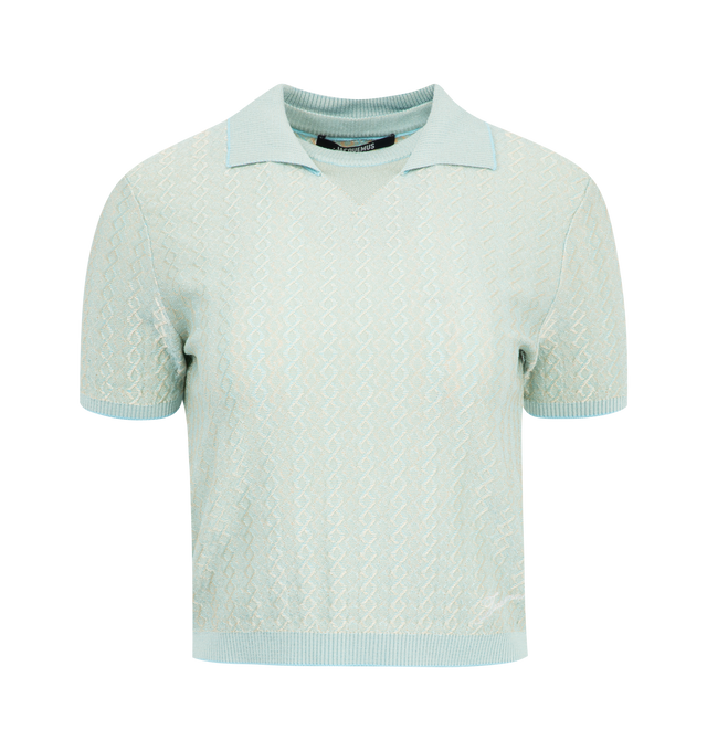 Image 1 of 2 - BLUE - JACQUEMUS Marino Polo featuring embroidered logo, short sleeves, polo collar and ribbed cuffs and hem. 93% viscose, 4% polyester, 3% elastane. Made in Bulgaria. 