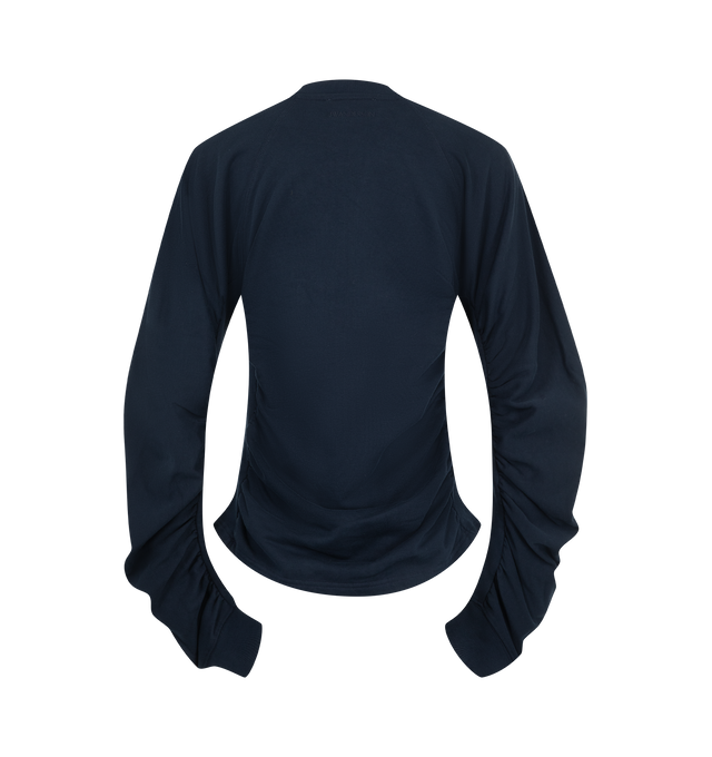 Image 2 of 2 - NAVY - JW Anderson Women's Ruched Sleeve Sweatshirt is crafted from cotton and features a relaxed silhouette inspired by an archival SS24 knitwear design. Designed with a classic round neckline, distinctive ruched sleeves, and logo embroidery at the back neck that adds a subtle signature finish. Main Material: 100% Cotton. Trim: 100% Cotton. Made in Portugal. 