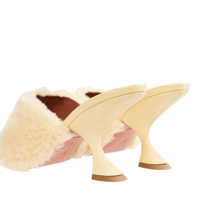 Image 3 of 4 - NEUTRAL - AMINA MUADDI Taylor Fur Slippers 90 featuring 90mm slanted heel, rounded open toe, beige fur strap and slip on style. Upper: 100% lamb leather. Lining: 100% goatskin. Sole: 90% calfskin, 10% TPU. Made in Italy. 