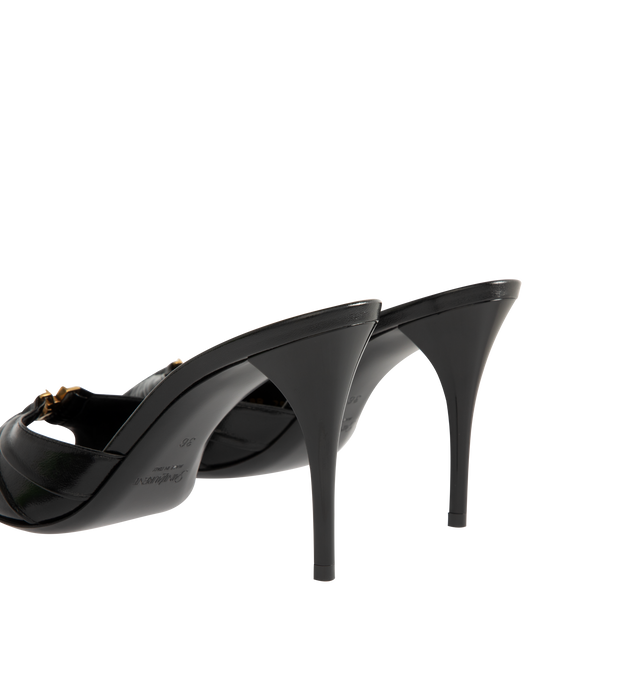 Image 3 of 4 - BLACK - SAINT LAURENT Babylone Mule featuring stiletto mules with a pointed peep toe, gathered upper decorated with the cassandre and leather sole. 3.5 inches. Lambskin. Made in Italy. 