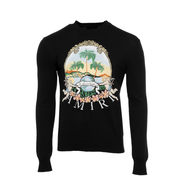 Image 1 of 3 - BLACK - AMIRI Cherub Palm Tree Crew Sweater featuring rib knit crewneck, hem, and cuffs and intarsia logo graphic at front. 96% wool, 4% cotton. Made in Italy.