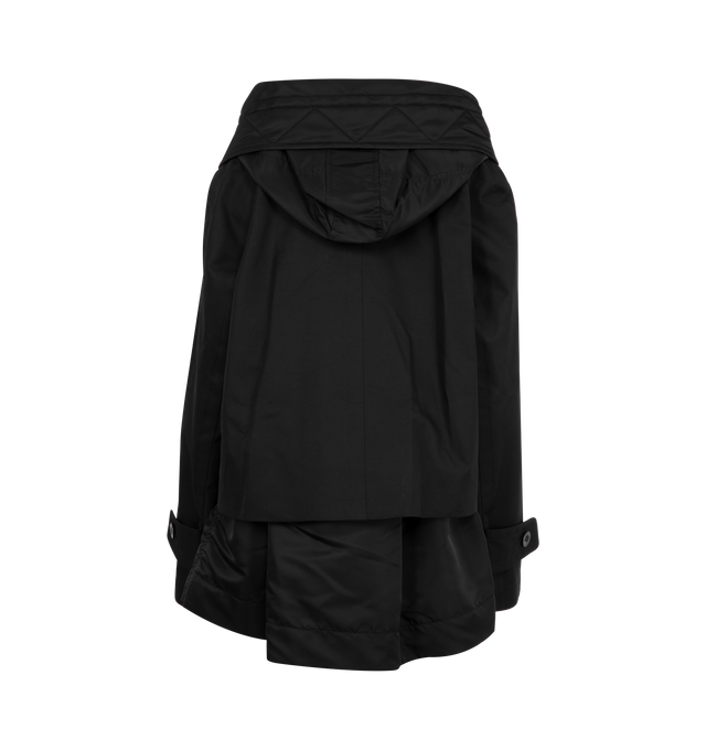 Image 2 of 3 - BLACK - SACAI Cotton Gabardine Blouson featuring layered construction, a nylon asymmetrical design with a stand collar, a drawcord hood, long sleeves and button-front closure. 63% cotton, 37% polyester. Combo: 100% nylon. Made in Japan. 