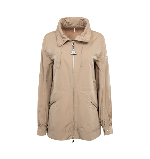 Image 1 of 3 - BROWN - MONCLER Enet Parka featuring technical twill, technical twill lining, pull-out hood, zipper closure, zipped pockets, cuffs with metal snap buttons, waistband and collar with drawstring fastening and felt logo patch. 100% polyester. Lining: 100% polyester. Made in Moldova. 