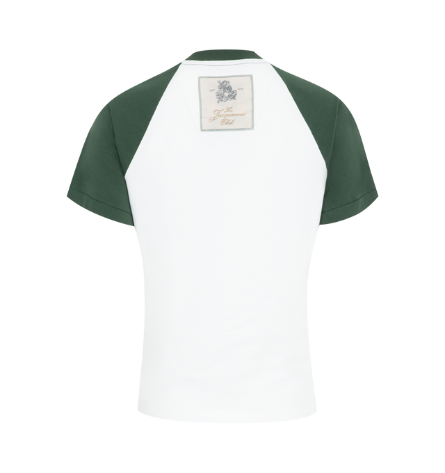 Image 2 of 2 - GREEN - Jacquemus Baseball mini t-shirt with a fitted shape, contrast crewneck and raglan short sleeves, contrast embroidered signature logo and Jacquemus Club label on the back. 94% Cotton - 6% Elastane. Made in Portugal. 