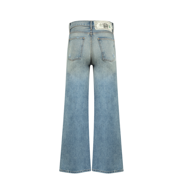 Image 2 of 3 - BLUE - SATOSHI NAKAMOTO Blessed to be Stressed Denim featuring vintage treatment, 1$ bill patch, zipper-fly, relaxed fit and distressing throughout. 100% cotton. Made in USA. 