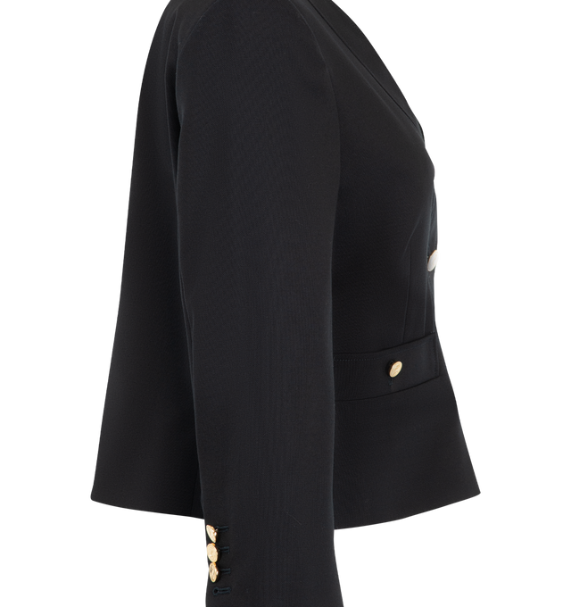 Image 3 of 3 - NAVY - Thom Browne Women's Hopsack Suiting Cardigan Jacket is crafted from open-weave virgin wool hopsack suiting and reinterprets classic tailoring through a relaxed, cardigan-inspired silhouette. Designed with a V-neckline, the jacket features an anchor-detailed button closure with a signature RWB grosgrain placket, buttoned welt hand pockets, and two interior pockets. Buttoned cuffs reveal internal RWB grosgrain trim, while a tricolor silk lining and Thom Browne's signature striped grosgra 