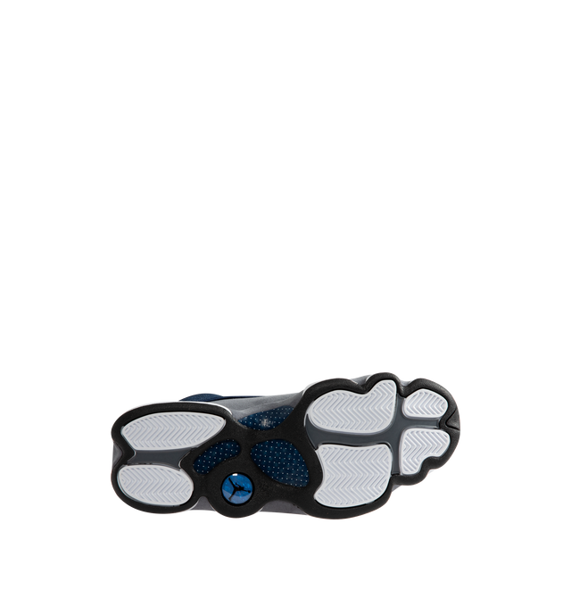 Image 4 of 5 - BLUE - Men's Jordan 13 "Flint 2020" Sneakers feature a premium leather upper with Flint Grey nubuck overlays, French Blue reflective ballistic mesh panels, and the signature holographic emblem for an iconic heritage design. These lifestyle sneakers combine responsive cushioning, a supportive midsole, and a durable rubber outsole for lasting comfort, stability, and everyday traction. Main Material: Leather, Nubuck, and Textile. Midsole: Cushioned Foam. Sole: Rubber.  