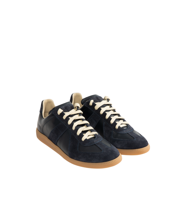 Image 2 of 5 - NAVY - MAISON MARGIELA Replica Sneakers featuring lace-up sneakers in buffed nappa calfskin and calfskin suede, contrasting sole, Maison Margiela logo label on the tab, internal Replica label, internal elastic and all-over Maison Margiela logo insole. 100% calf leather. Sole: 100% rubber. Made in Italy. 