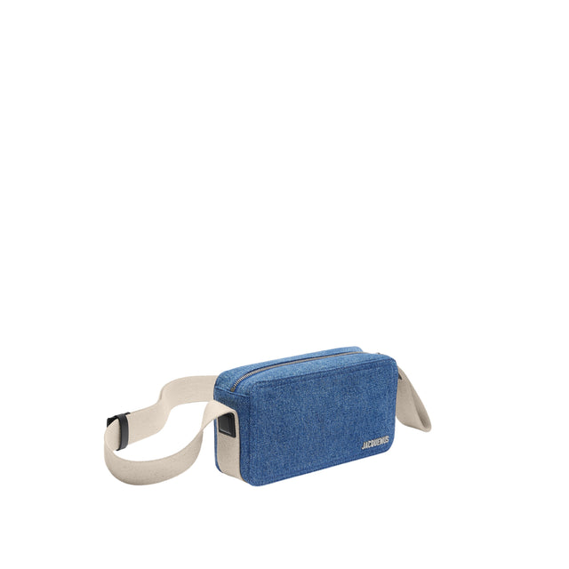 Image 2 of 4 - BLUE - JACQUEMUS Le Cuerda Horizontal Bag featuring adjustable shoulder strap and metal buckle, zip closure with wrist strap, exterior patch pocket, engraved lobster clip, interior patch pocket, silver metal logo and hardware and fully lined in cotton. 12 cm x 23 cm. 100% cotton. 