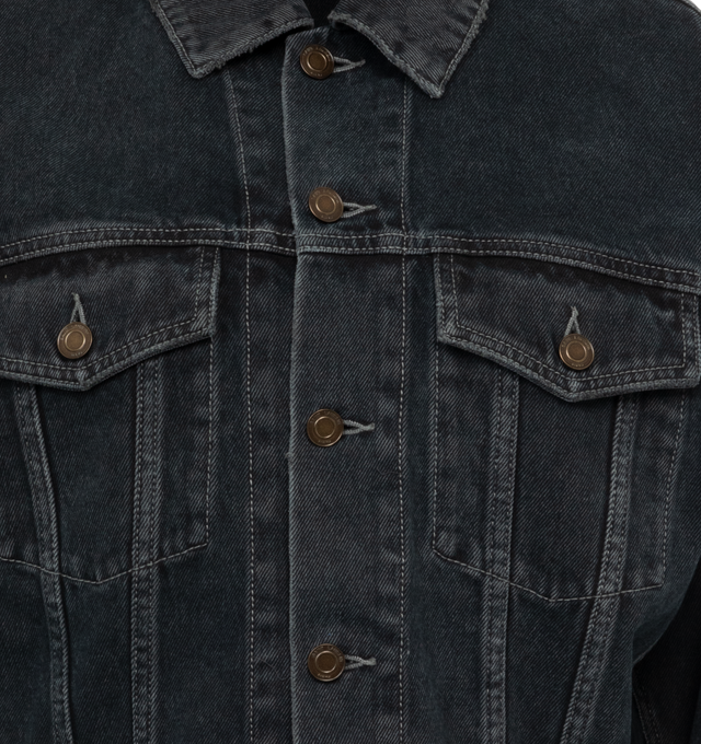 Image 3 of 3 - BLACK - SAINT LAURENT 80's Denim Jacket featuring cropped fit, pointed collar, drop shoulders, adjustable tabs, front button closure, two reverse patch pockets with button flap at chest and shoulder vents. 100% cotton. Made in Italy.  