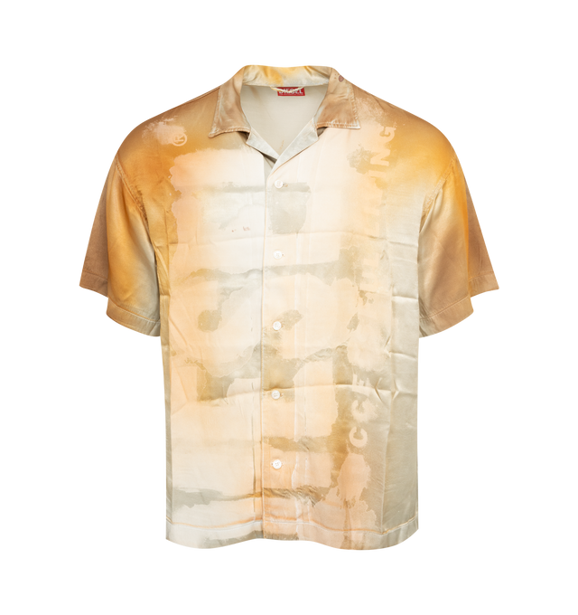 Image 1 of 2 - YELLOW - DIESEL S-Hockney-Pop Shirt featuring over-dyed satin fabric, distressed, patchwork look, tonal "Diesel For Successful Living" logo in smudged effect, short sleeves, spread collar and button front closure. 100% rayon. 