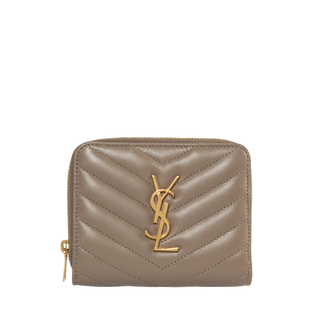 GREY - SAINT LAURENT Compact Zip Around Wallet featuring gold tone hardware, six card slots, one zipped coin pocket, one bill compartment and four receipt compartments. 4.7 X 3.9 X 1.1 inches. 85% lambskin, 15% brass. Made in Italy. 