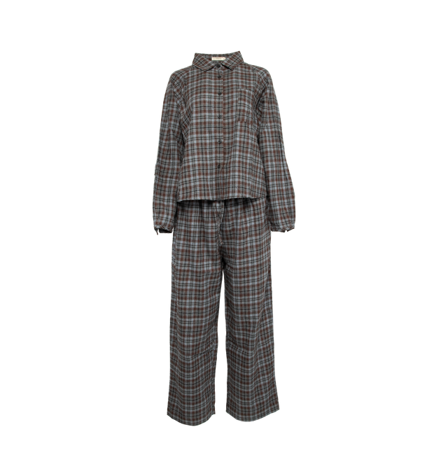 GREY - DEIJI STUDIOS Our Flannel Set featuring a plush flannel shirt with a raglan sleeve, front pocket, micro tuck cuffs with button closure and a dropped back curved hem.Shirt pairs back with a mid rise straight leg pant featuring a functional drawcord elastic waistband and side pockets. 100% organic brushed cotton.