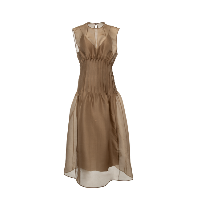 BROWN - KHAITE Wes Dress featuring shantung organza, sleeveless, shaped by pintuck detailing at the waist, covered buttons with grosgrain guard and includes slip. 100% silk.