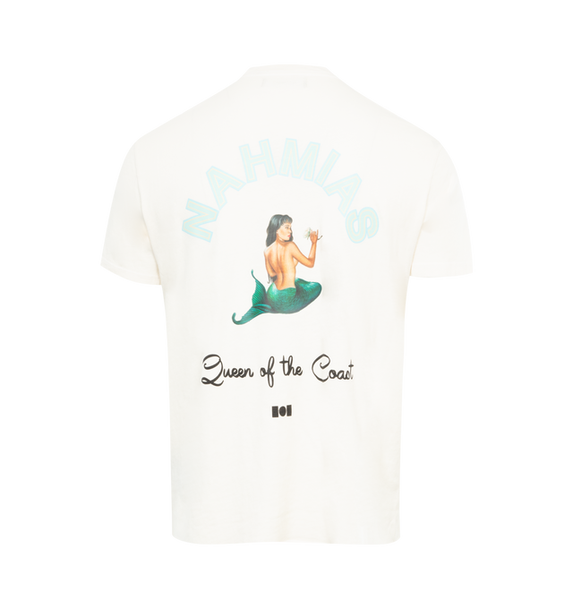 Image 2 of 3 - WHITE - NAHMIAS Queen of the Coast T-shirt featuring ribbed crewneck, short sleeves, logo on front and graphic printed on back. 100% cotton.  