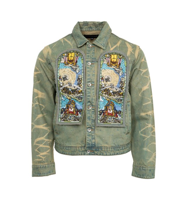 BLUE - WHO DECIDES WAR Unfurled Denim Jacket featuring traditional fit with stained glass embroidery and rhinestone appliqus throughout. 100% cotton.