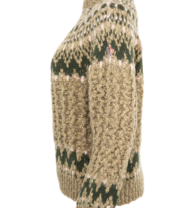 Image 3 of 3 - BROWN - MONCLER GRENOBLE Geometric Jacquard Wool Blend Sweater featuring a wool and nylon blend, jacquard knit, crew neck, 1.5 gauge and regular fit. 68% virgin wool, 25% polyamide/nylon, 6% silk, 1% elastane/spandex. Made in Italy. 