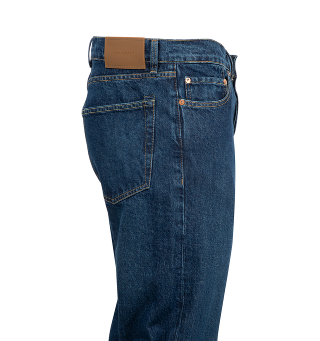 Image 3 of 3 - BLUE - OUR LEGACY First Cut Jeans featuring straight-leg, belt loops, five-pocket styling, button-fly and rubberized logo patch at back waistband. 100% cotton. Made in Portugal. 