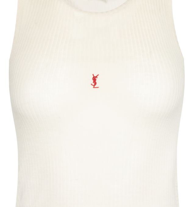 Image 3 of 3 - WHITE - SAINT LAURENT Tank Top featuring scoop neck, semi sheer, ribbed and embroidered at chest. 100% wool. 