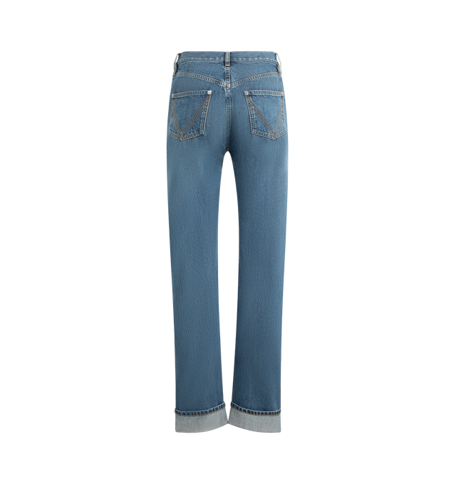 Image 2 of 3 - BLUE - BOTTEGA VENETA Straight Jeans featuring straight leg, turned up hem, an Intrecciato suede patch on the front, button closure and 5 pocket style. 100% cotton. Made in Italy.   
