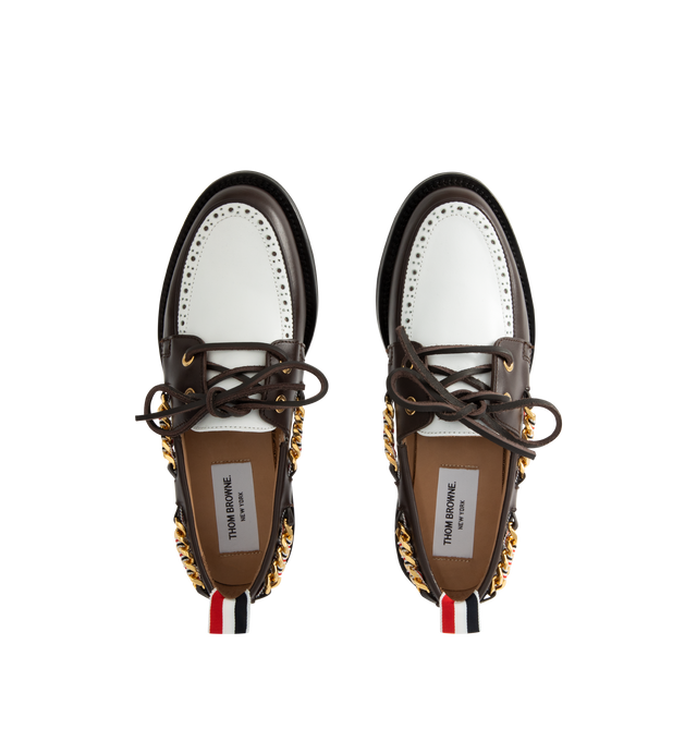 Image 4 of 4 - BROWN - THOM BROWNE Brogue Leather Boat Shoes featuring two-tone leather with a refined brogue-style perforated panel, classic silhouette, a chain-link trim interwoven with the houses signature stripes, almond toe, slips on, leather upper, leather lining and rubber sole. Made in Italy. 