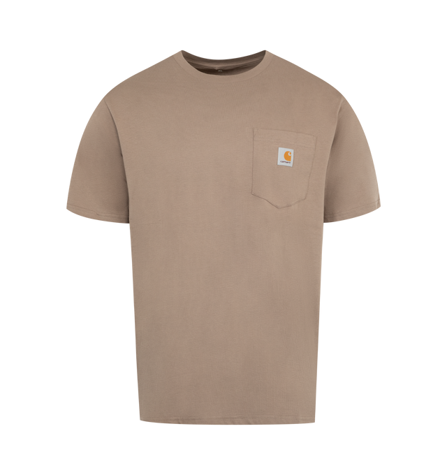 Image 1 of 2 - BROWN - CARHARTT WIP Pocket T-Shirt has a crew neck, chest pocket, and signature logo patch. 100% cotton.  