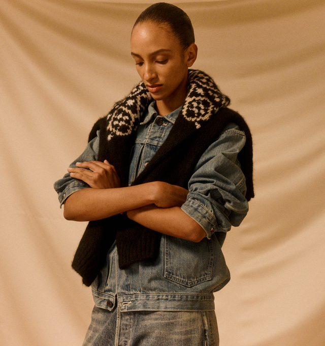 Image 2 of 5 - BLUE - CHIMALA Amoskeag Selvedge Denim Chore Jacket featuing button up front, button cuffs, foldover collar, single chest pocket, two waist pockets and tonal stitching. 100% cotton. Made in Japan. 