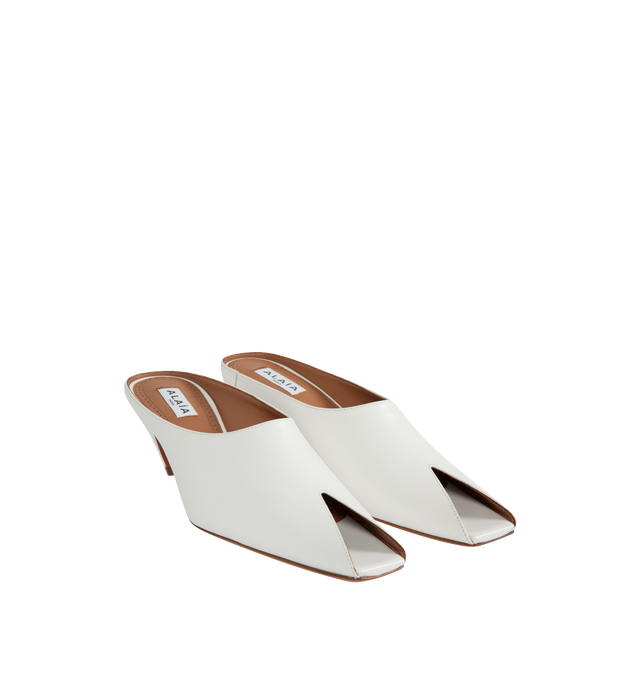 Image 2 of 4 - WHITE - ALAIA Peep-Toe Kitten Mules featuring smooth leather, peep toe, slide style, leather outsole and leather lining. 55MM. 