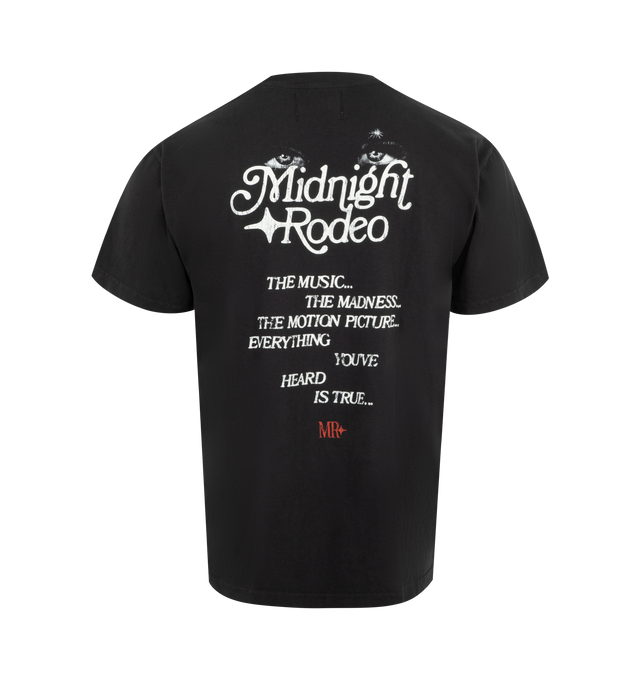 Image 2 of 2 - BLACK - Midnight Rodeo 5.5 oz cotton tubular t-shirt inspired by vintage alcohol advertisements featuring a faded black wash & cracked screen print throughout.  Fits true to size.  