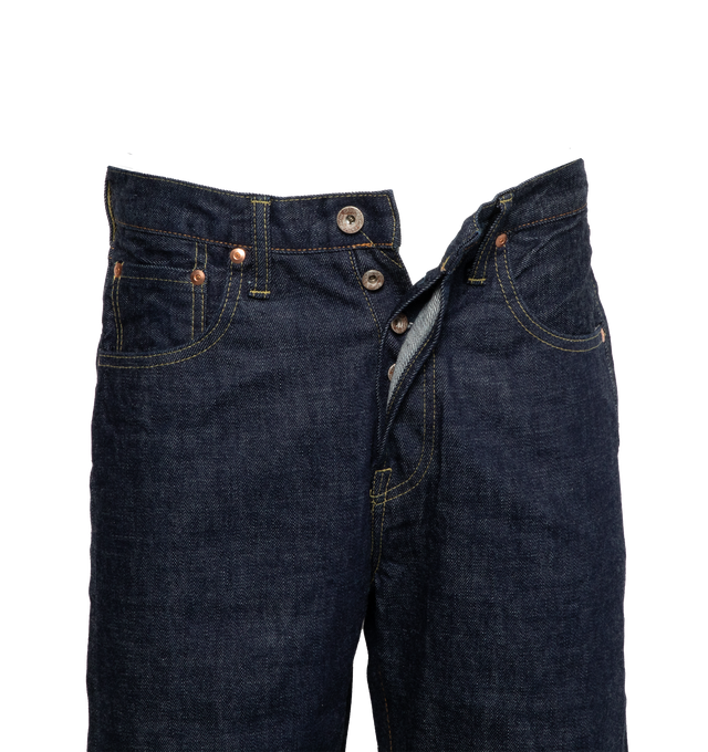 Image 3 of 4 - BLUE - Chimala Vintage Rinse Straigh Cut Jeans crafted from 100% cotton 13.5 oz Selvedge denim featuring button-fly closure,  high rise, and wide leg. Made in Japan. 