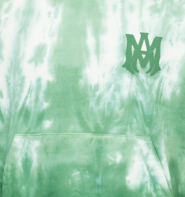 Image 3 of 4 - GREEN - AMIRI MA Logo Dip Dye Hoodie featuring logo at chest and back, classic hood, pouch pocket, long sleeves, banded cuffs and waist and pullover style. 100% cotton. Made in Italy. 