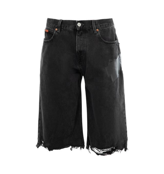 BLACK - MARTINE ROSE Wide leg jean shorts in washed black cotton denim with gaffer tape patches on the front and back, contrast stutching at the back pockets and branded label at the waist, 5 pockets, zip fly and front button fastening. 100% cotton. Unisex brand in men's sizing.