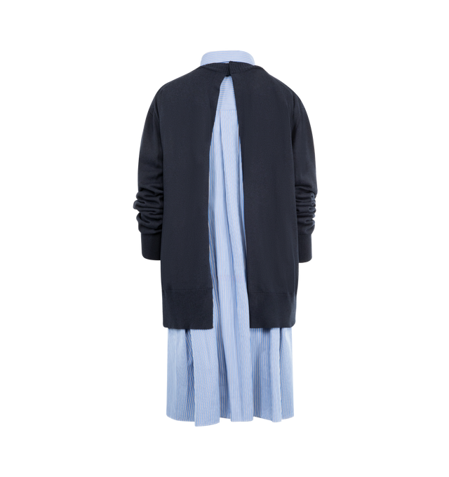 Image 2 of 3 - NAVY - SACAI Poplin x Cotton Knit Dress featuring relaxed fit, knee length, mixed material, knit overlay and cotton poplin underlay. 100% cotton. 