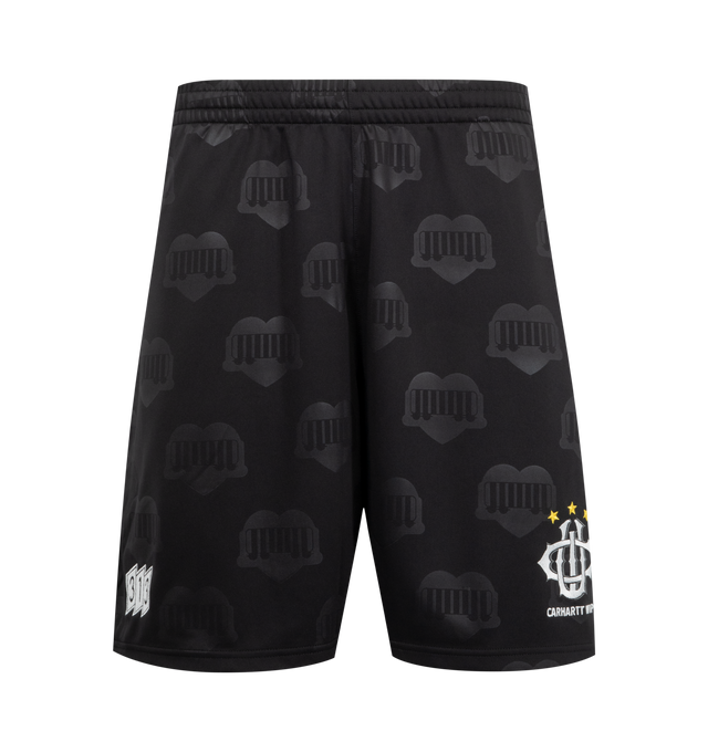 Image 1 of 3 - BLACK - CARHARTT WIP Hartt's Football Short featuring relaxed fit, regular waist, drawcord and elastic in waistband, graphic embroideries and back and side pockets. 100% polyester. 