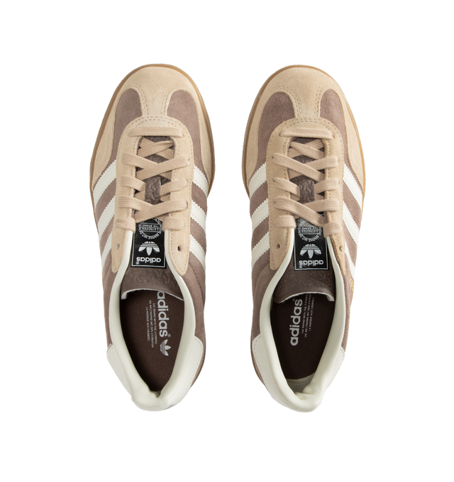 Image 5 of 5 - BROWN - Adidas Gazelle Suede Sneakers are a lace-up indoor style with satin uppers, suede and synthetic overlays, and gum outsoles. Textile linings.  