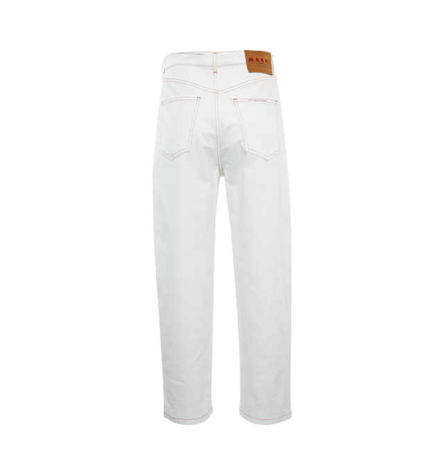 Image 2 of 4 - WHITE - Marni lightweight stretch cotton white denim trousers in a five-pocket style with regular rise and wide leg. Featuring button and fly closure, hand-stitched Marni mending logo and embellished with a cut-out flower patch. 98% Cotton Woven 2% Elastane-Spandex. Made in Italy. 