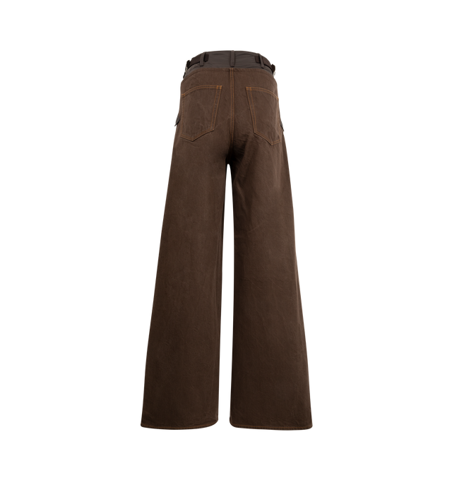 Image 2 of 3 - BROWN - SACAI Denim Pants featuring wide-leg, cotton denim design and a spliced nylon double-waistband, belt loops, side slit pockets with flap, 2 back welt pockets, adjustable waist and zip fly. 100% cotton. 100% nylon. Made in Japan. 