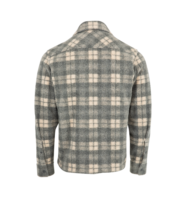 Image 2 of 3 - GREY - MONCLER Plaid Overshirt featuring exposed front zipper closure, chest flap pocket, side seam pocket with button snap closures, logo detail at left sleeve and flannel fabric. 82% polyester, 13% wool, 5% acrylic. Made in Romania. 