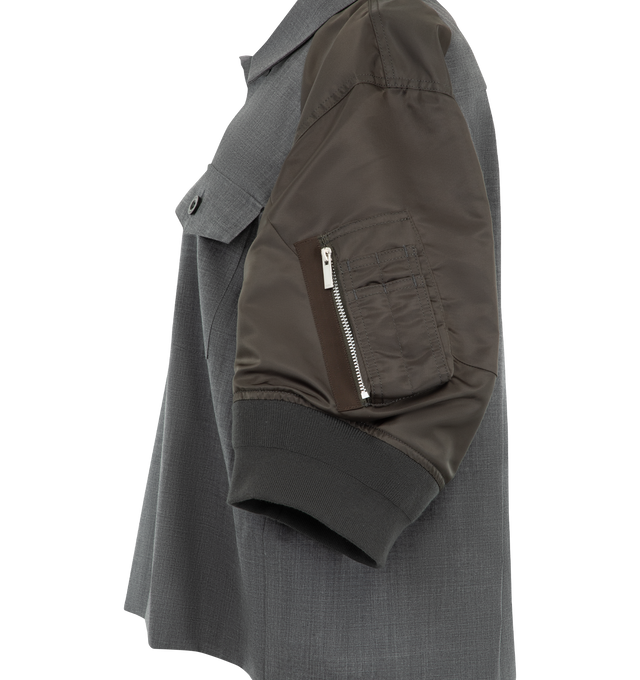 Image 3 of 3 - GREY - Sacai Womens Suiting x Nylon Twill Shirt is crafted from wool with contrasting nylon twill paneling. Features a button-front closure, point collar, long sleeves with button cuffs, and a hybrid tailored construction. Main Material: 100% Wool; Contrast 1: 100% Nylon; Contrast 2: 55% Polyester, 44% Wool, 1% Polyurethane; Lining: 100% Cupro. Made in Japan. 