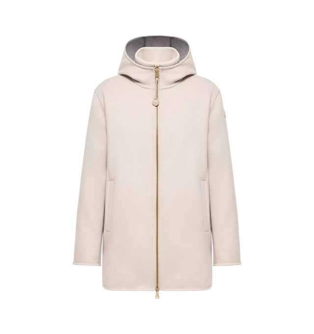Image 1 of 1 - NEUTRAL - Moncler Womens 3-In-1 Hooded Wool & Cashmere Jacket is a versatile design offering adaptable wear for changing conditions. Crafted from a wool and cashmere blend with longue saison lining, this style can be worn three ways: as a standalone coat, a lightweight down vest, or layered together as a mid-length down jacket. Features detachable hood, removable down-filled vest in longue saison, zipper closure, side pockets with snap button closure, and leather logo patch. Exterior: 90% Vir 