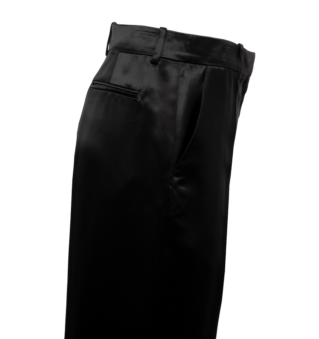 Image 3 of 4 - BLACK - THE ROW Encore Pant featuring a classic tailored pant in lightweight satin with pressed front and back creases, side slash pockets, and back besom pocket. 100% viscose. Made in Italy. 