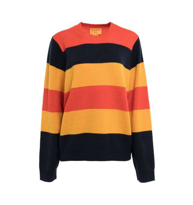 MULTI - GUEST IN RESIDENCE Stripe Crew featuring oversized fit, ribbed collar, cuff, and hem, Jersey body stitch, integral knitted branding. 100% cashmere. 