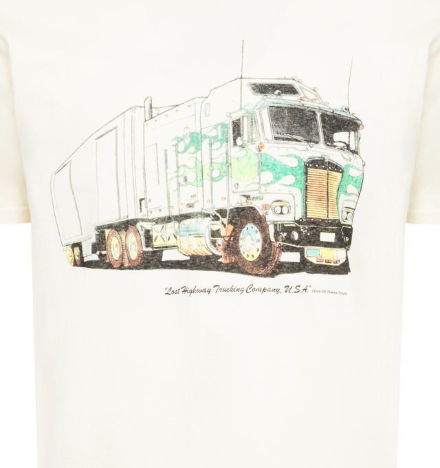 Image 2 of 2 - WHITE - ONE OF THESE DAYS Lost Highway Trucking Tee featuring crew neck, short sleeves and graphic print. 100% cotton.  