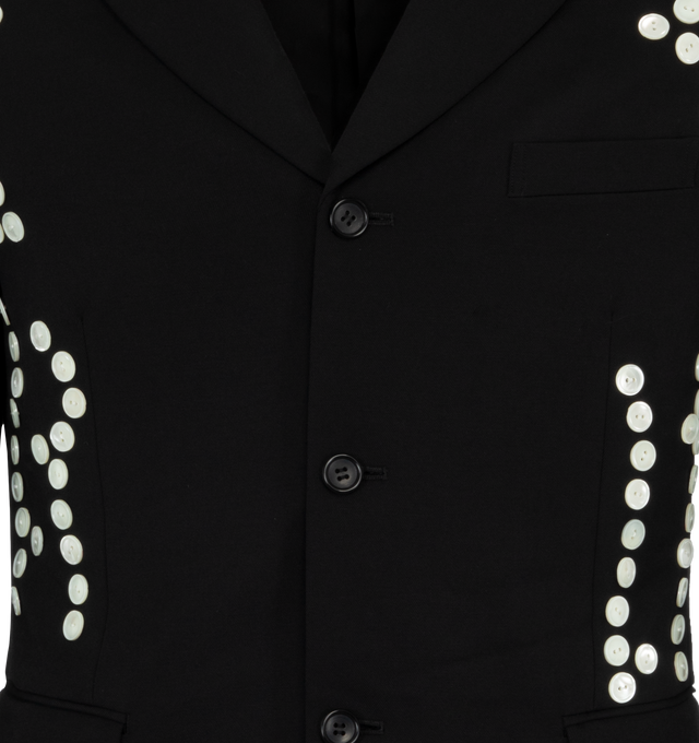 Image 3 of 3 - BLACK - Homme Plus Button Flower Jacket has a notch lapel, a 3-button front closure, button detailing, side flap pockets, and a back center vent.  