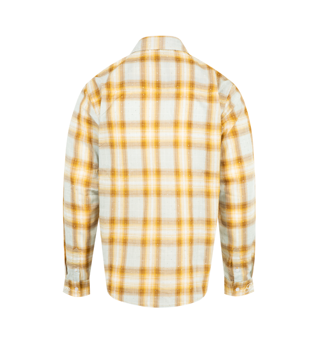 Image 2 of 3 - YELLOW - PLEASURES Dizzle Woven Button Up Shirt featuring long sleeves, button front closure, embroidered logo and check pattern. 85% poly, 15% rayon.  