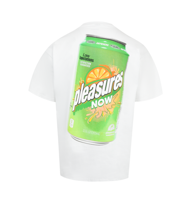 Image 2 of 2 - WHITE - PLEASURES Quench Tee featuring prints that include text on the chest, a soda can graphic on the back, ribbed collar and short sleeves. 100% cotton. 