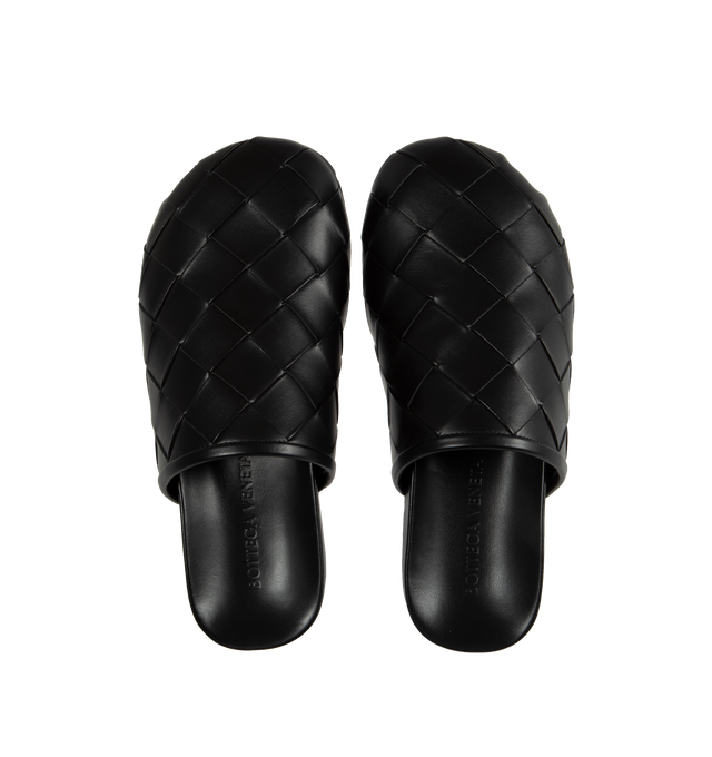 Image 4 of 4 - BLACK - BOTTEGA VENETA Reggie Woven Leather Mule Clogs featuring signature woven intreccio leather, flat heel, round toe, easy slide style and rubber outsole. Lining: leather. Made in Italy. 