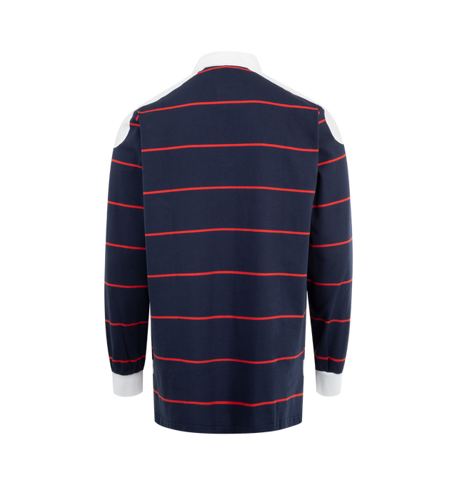 Image 2 of 2 - NAVY - Wales Bonner Men's City Polo Shirt in organic cotton elevates a signature collegiate silhouette with a contrast shoulder panel, elasticated cuffs, and an embroidered Wales Bonner monogram. Regular Fit. Made in Portugal. 100% Organic Cotton. 